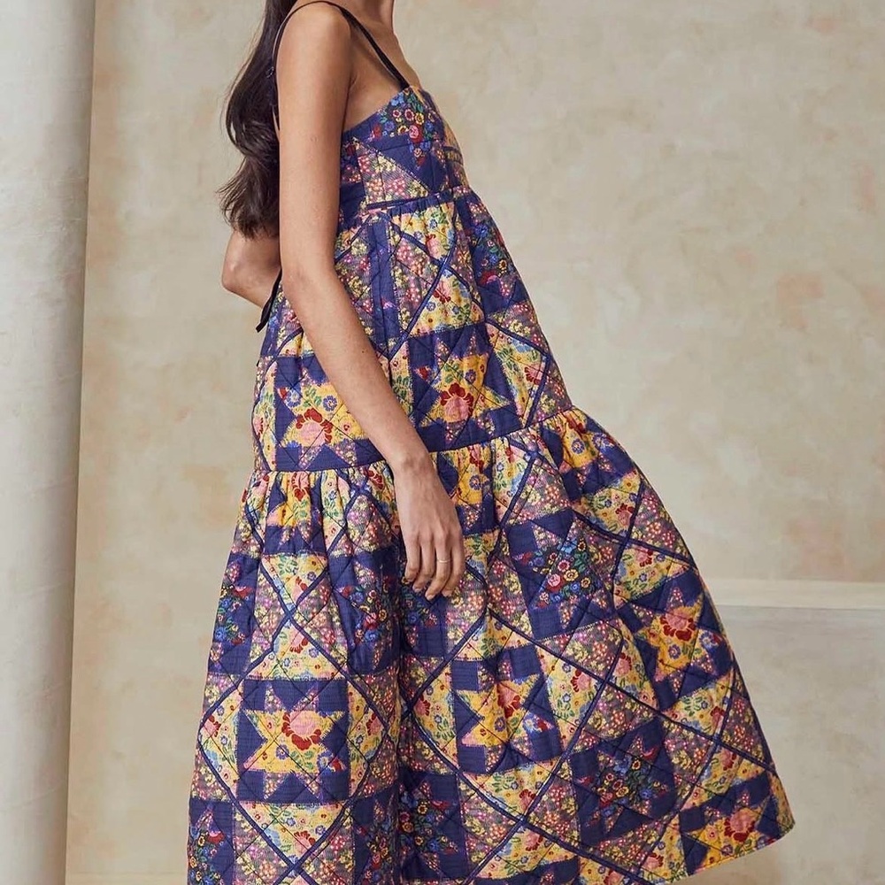 HUNTER BELL Navy Floral Patchwork Maxi Dress with Black Ties - Picture 2 of 7